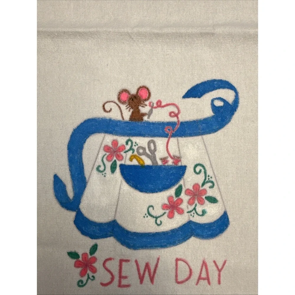 Hand Painted Dish Towel Cotton Sew Day Sewing Apron Country Blue